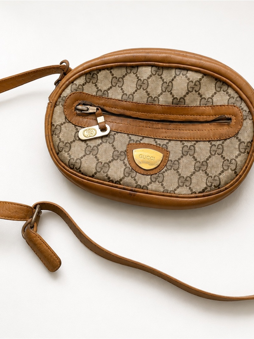 Gucci Oval Monogram Crossbody in Brown and Tan
